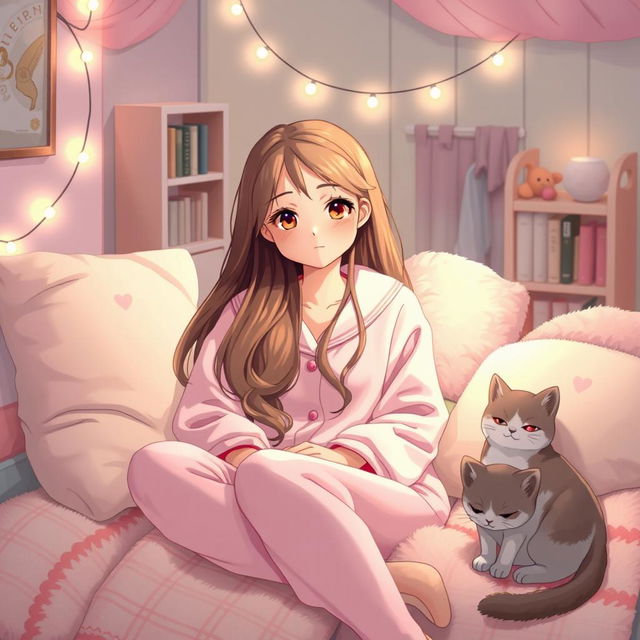 A girl wearing a cozy pink night suit, sitting comfortably in a softly lit room