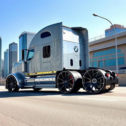 A captivating image of custom cutting-edge rims and wheels inspired by BMW, specifically designed for a semi-truck