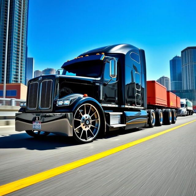 A captivating image of custom cutting-edge rims and wheels inspired by BMW, specifically designed for a semi-truck