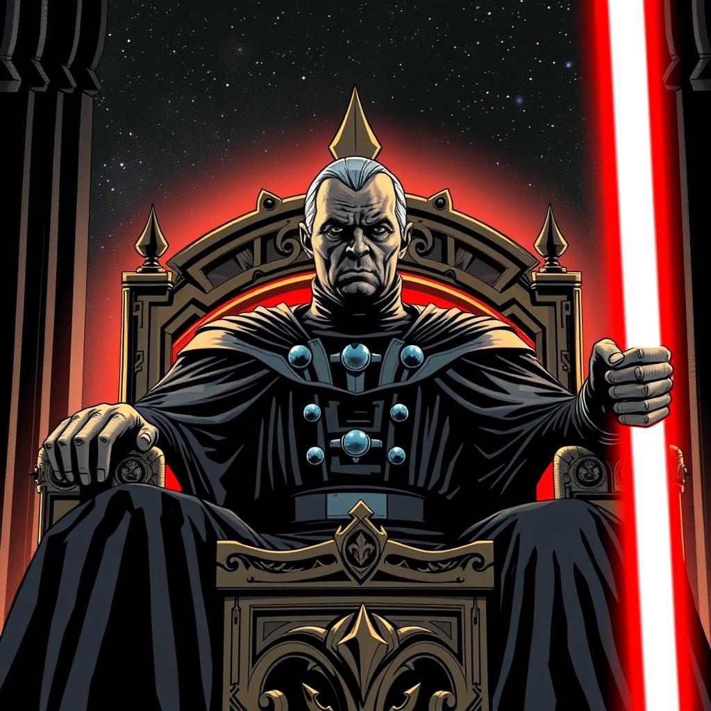 L'empereur Palpatine, également connu sous le nom de Dark Sidious, assis sur son trône majestueux comme dans le film 'Le Retour du Jedi'