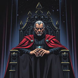 L'empereur Palpatine, également connu sous le nom de Dark Sidious, assis sur son trône majestueux comme dans le film 'Le Retour du Jedi'
