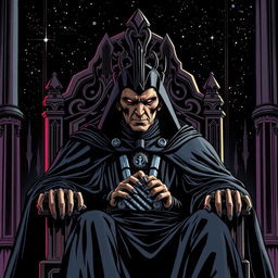 L'empereur Palpatine, également connu sous le nom de Dark Sidious, assis sur son trône majestueux comme dans le film 'Le Retour du Jedi'