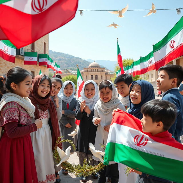 A vibrant scene showcasing Iranian school students engaged in activities that symbolize national unity