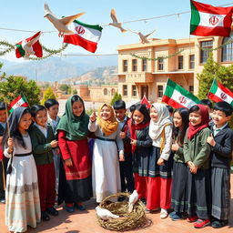 A vibrant scene showcasing Iranian school students engaged in activities that symbolize national unity