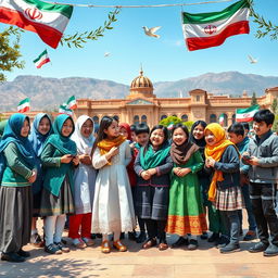 A vibrant scene showcasing Iranian school students engaged in activities that symbolize national unity