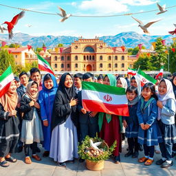 A vibrant scene showcasing Iranian school students engaged in activities that symbolize national unity