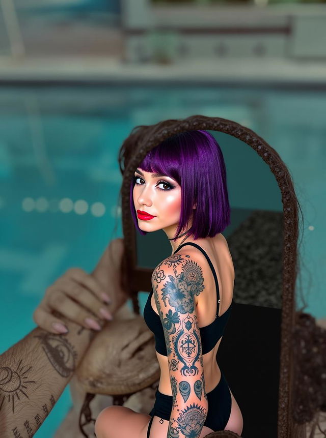 A skinny girl with vibrant purple hair, her back turned toward the viewer, sitting at the edge of a serene swimming pool