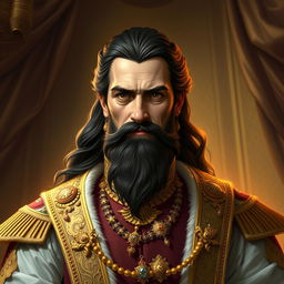 An artistic interpretation of Balthasar Gelt, featuring a regal figure with ornate clothing adorned with gold and jewels