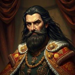 An artistic interpretation of Balthasar Gelt, featuring a regal figure with ornate clothing adorned with gold and jewels
