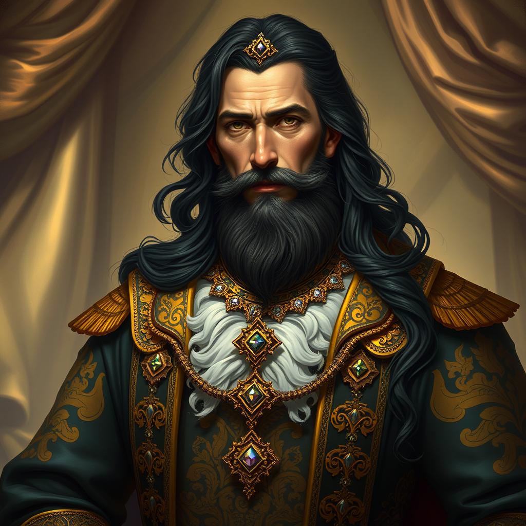 An artistic interpretation of Balthasar Gelt, featuring a regal figure with ornate clothing adorned with gold and jewels