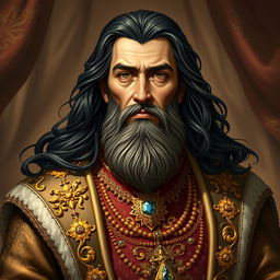 An artistic interpretation of Balthasar Gelt, featuring a regal figure with ornate clothing adorned with gold and jewels