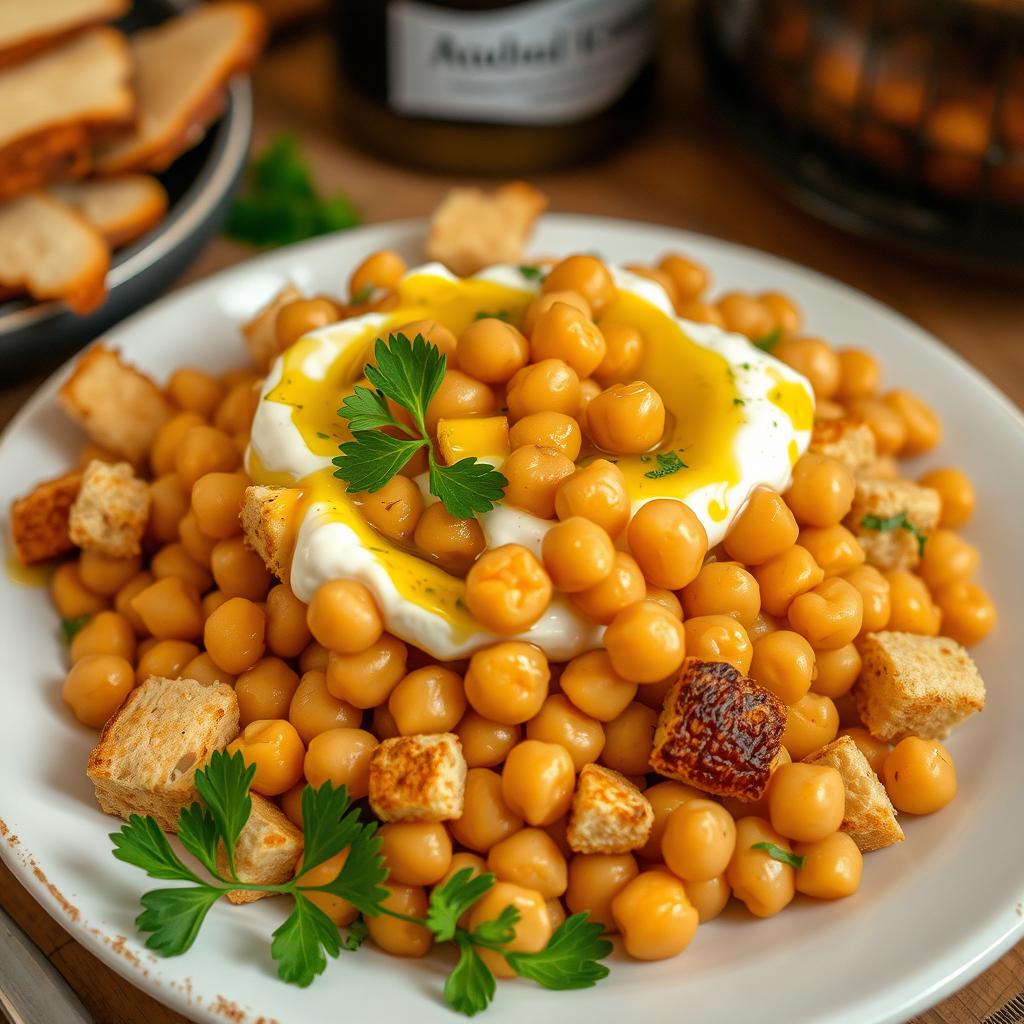 A picturesque plate of traditional Middle Eastern Fatteh, featuring whole chickpeas mixed with creamy yogurt and small toasted wheat bread pieces