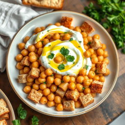 A picturesque plate of traditional Middle Eastern Fatteh, featuring whole chickpeas mixed with creamy yogurt and small toasted wheat bread pieces
