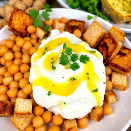 A picturesque plate of traditional Middle Eastern Fatteh, featuring whole chickpeas mixed with creamy yogurt and small toasted wheat bread pieces