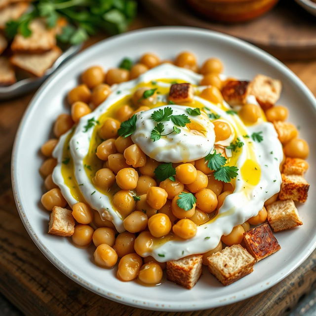 A picturesque plate of traditional Middle Eastern Fatteh, featuring whole chickpeas mixed with creamy yogurt and small toasted wheat bread pieces