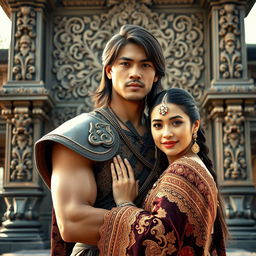 A photorealistic portrait of a Mataram knight wearing a blangkon, embracing his wife while facing the camera