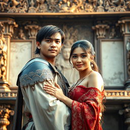 A photorealistic portrait of a Mataram knight wearing a blangkon, embracing his wife while facing the camera