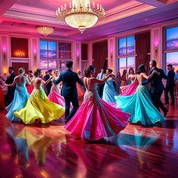 A vibrant dance scene in a grand ballroom, featuring elegantly dressed dancers in intricate gowns and suits