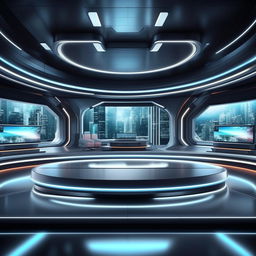 An 8K resolution background for a futuristic TV anchor's studio, incorporating design details from the architecture shown in the provided link.