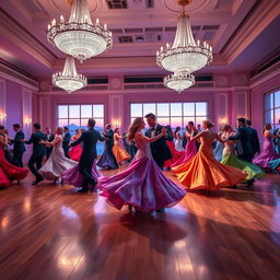 A vibrant dance scene in a grand ballroom, featuring elegantly dressed dancers in intricate gowns and suits