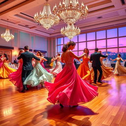 A vibrant dance scene in a grand ballroom, featuring elegantly dressed dancers in intricate gowns and suits