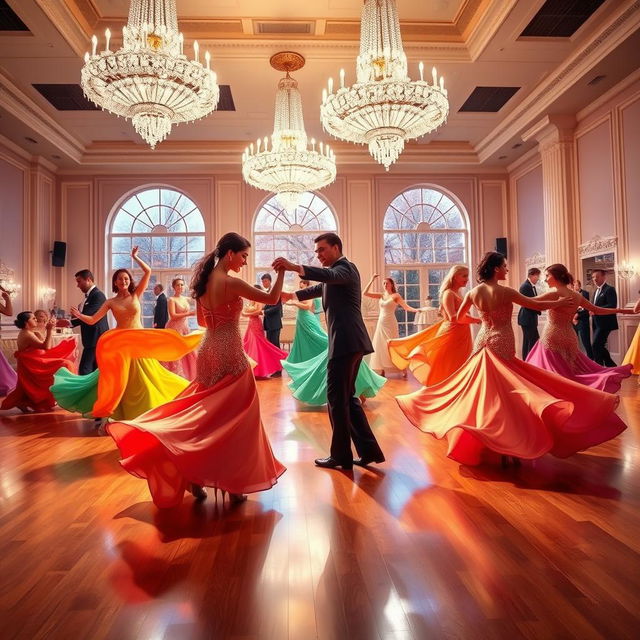 A vibrant dance scene in a grand ballroom, featuring elegantly dressed dancers in intricate gowns and suits