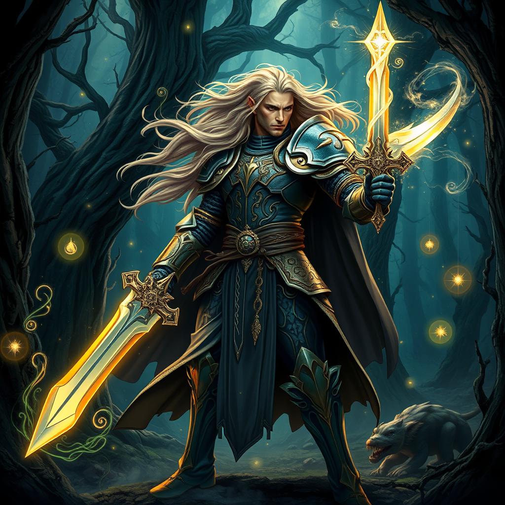 A powerful Magick Knight standing in a mystical forest, clad in ornate armor adorned with glowing runes, wielding a brilliantly shining sword that hums with energy