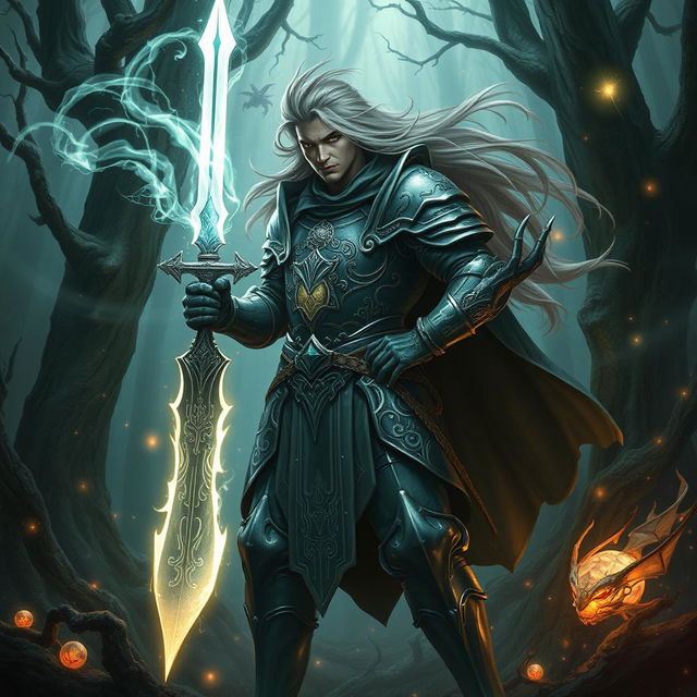 A powerful Magick Knight standing in a mystical forest, clad in ornate armor adorned with glowing runes, wielding a brilliantly shining sword that hums with energy