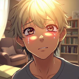 A beautiful, expressive scene depicting a person crying, their face displaying a mix of sorrow and vulnerability