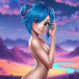 A stunning, artistic depiction of a female character resembling an anime-inspired design with bright blue hair, styled elegantly