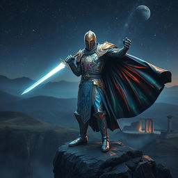 A cinematic portrayal of a mystical knight, adorned in intricate, shimmering armor that reflects a spectrum of colors