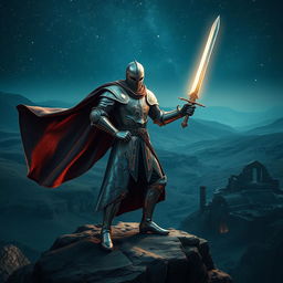 A cinematic portrayal of a mystical knight, adorned in intricate, shimmering armor that reflects a spectrum of colors