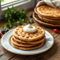 A delicious plate of whole wheat blinis, golden-brown and fluffy, served on a rustic wooden table