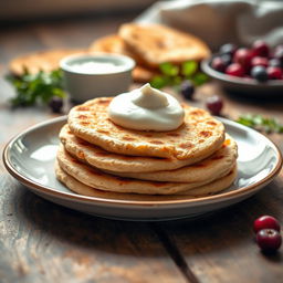 A delicious plate of whole wheat blinis, golden-brown and fluffy, served on a rustic wooden table