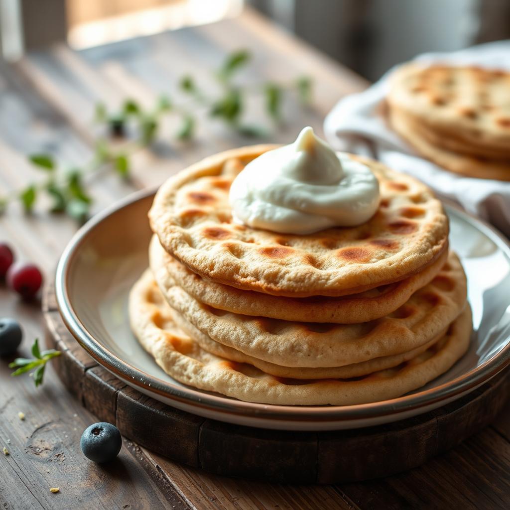 A delicious plate of whole wheat blinis, golden-brown and fluffy, served on a rustic wooden table