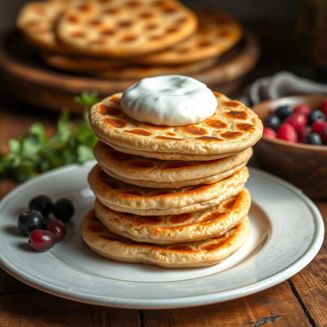 A delicious plate of whole wheat blinis, golden-brown and fluffy, served on a rustic wooden table