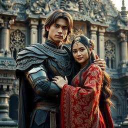 A photorealistic portrait of a Java knight wearing a blangkon, embracing his wife while facing the camera