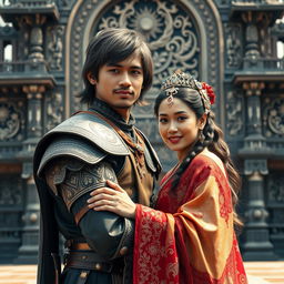 A photorealistic portrait of a Java knight wearing a blangkon, embracing his wife while facing the camera