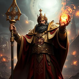 Cinematic depiction of Balthasar Gelt from Warhammer 3, showcasing his commanding presence as the Supreme Patriarch of the Lore of Metal
