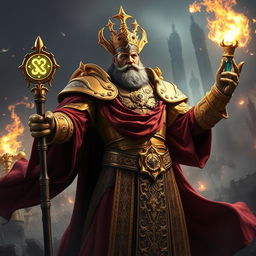 Cinematic depiction of Balthasar Gelt from Warhammer 3, showcasing his commanding presence as the Supreme Patriarch of the Lore of Metal