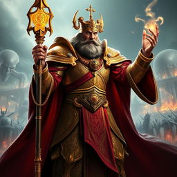 Cinematic depiction of Balthasar Gelt from Warhammer 3, showcasing his commanding presence as the Supreme Patriarch of the Lore of Metal
