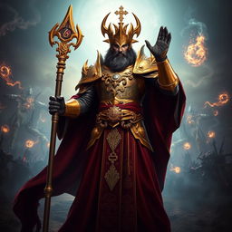 Cinematic depiction of Balthasar Gelt from Warhammer 3, showcasing his commanding presence as the Supreme Patriarch of the Lore of Metal