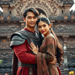 A photorealistic portrait of an Indonesian knight wearing a blangkon, embracing his wife while facing the camera