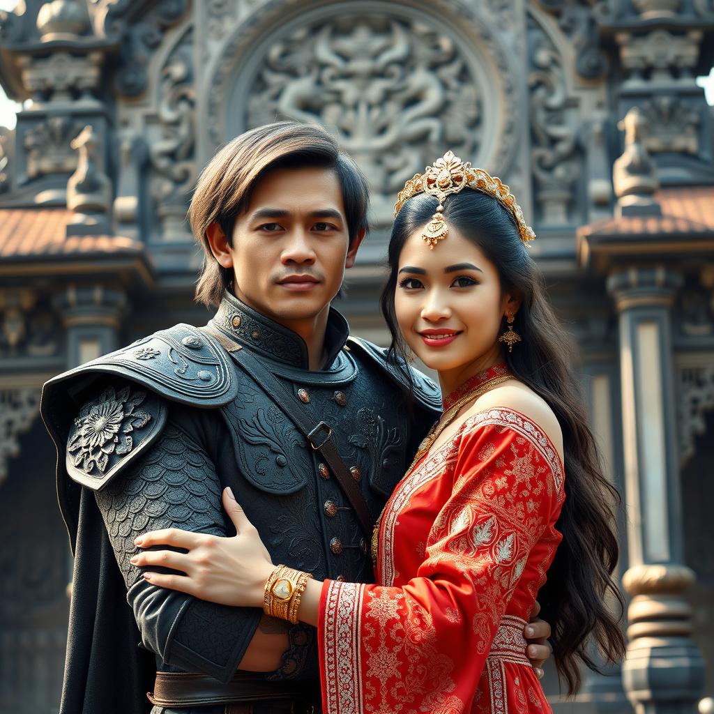 A photorealistic portrait of an Indonesian knight wearing a blangkon, embracing his wife while facing the camera