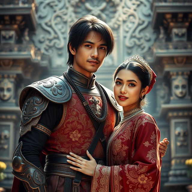 A photorealistic portrait of an Indonesian knight wearing a blangkon, embracing his wife while facing the camera