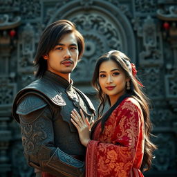 A photorealistic portrait of an Indonesian knight wearing a blangkon, embracing his wife while facing the camera