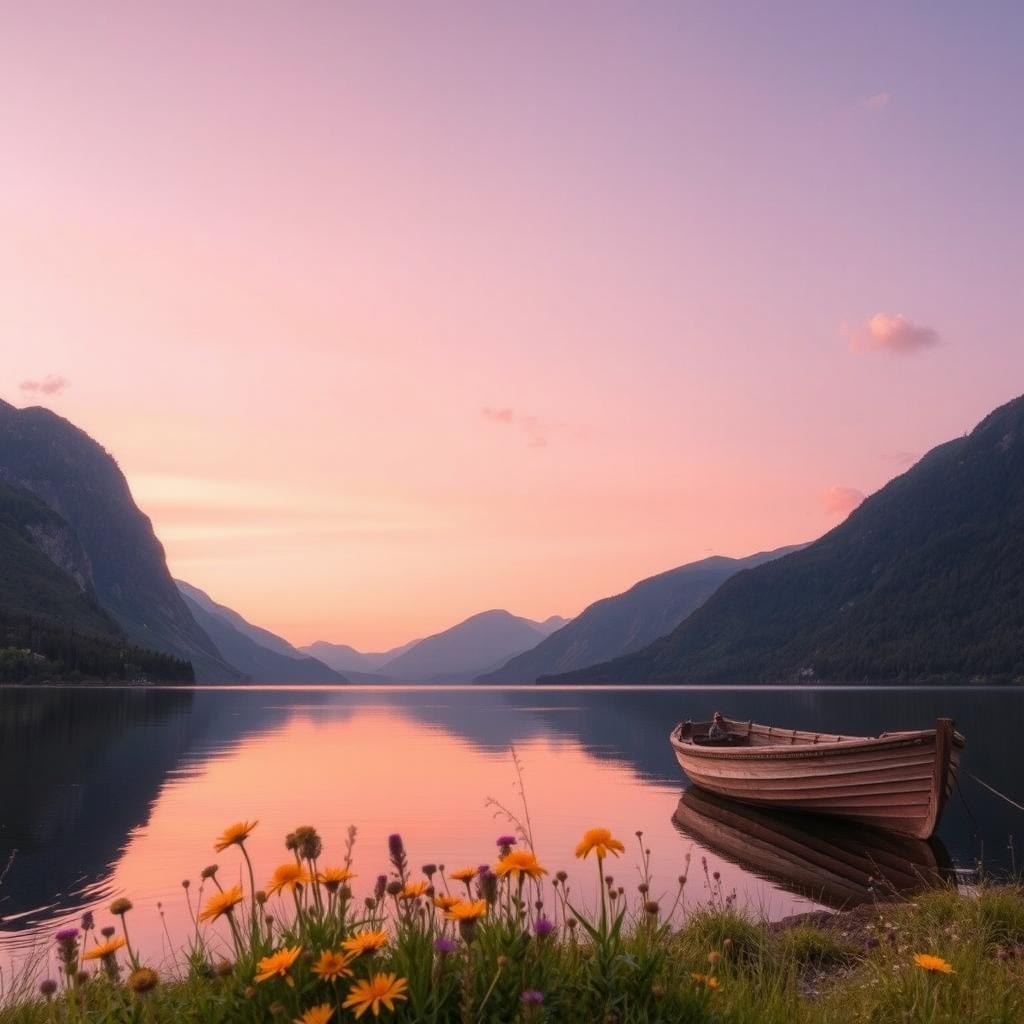 A serene landscape featuring a tranquil lake surrounded by lush, green mountains