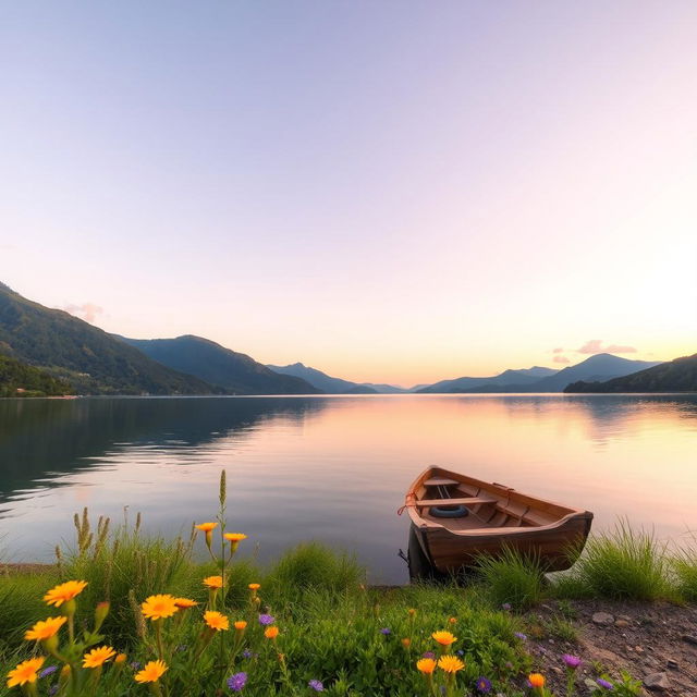 A serene landscape featuring a tranquil lake surrounded by lush, green mountains