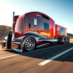 A custom cutting-edge semi-truck featuring stunning Bugatti rims, showcasing a sleek and modern design with aerodynamic curves and powerful lines