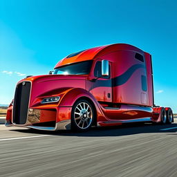 A custom cutting-edge semi-truck featuring stunning Bugatti rims, showcasing a sleek and modern design with aerodynamic curves and powerful lines
